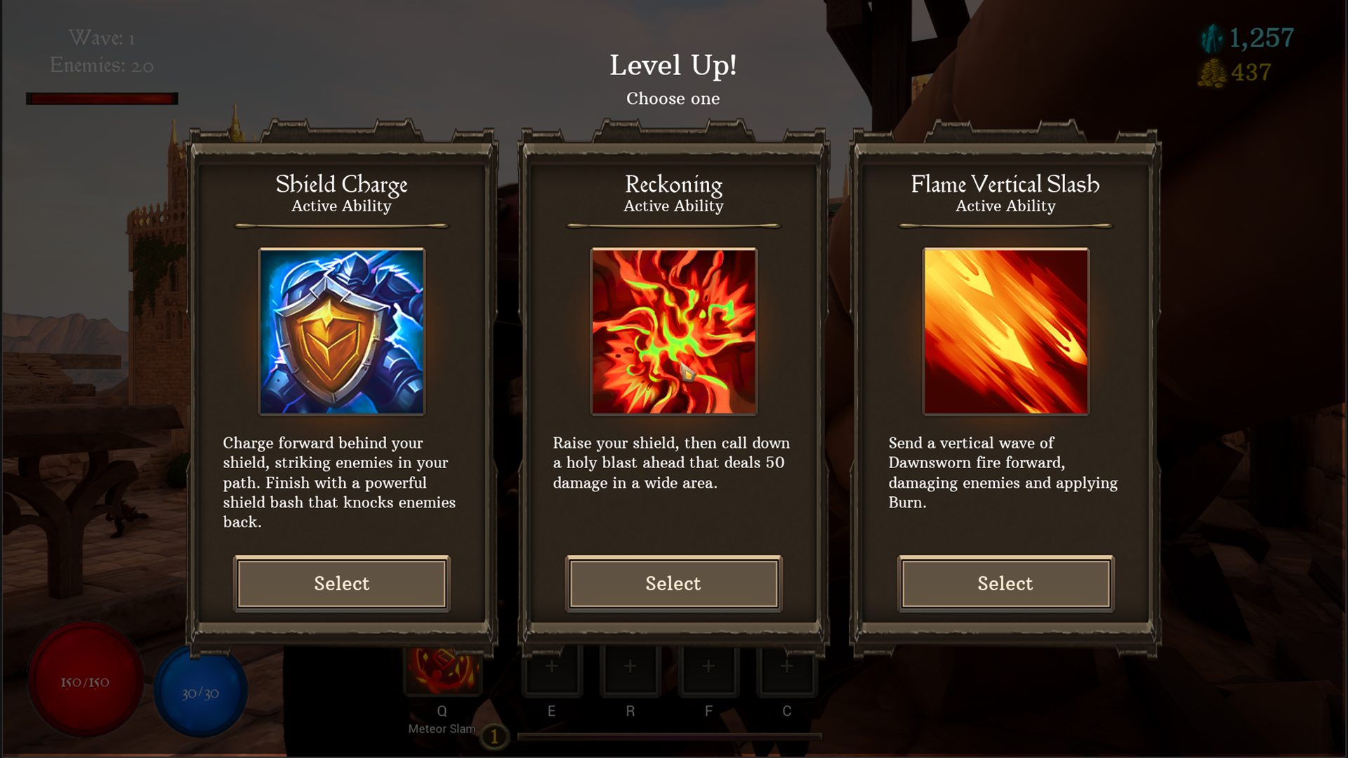 Three modifier cards to choose from when leveling up
