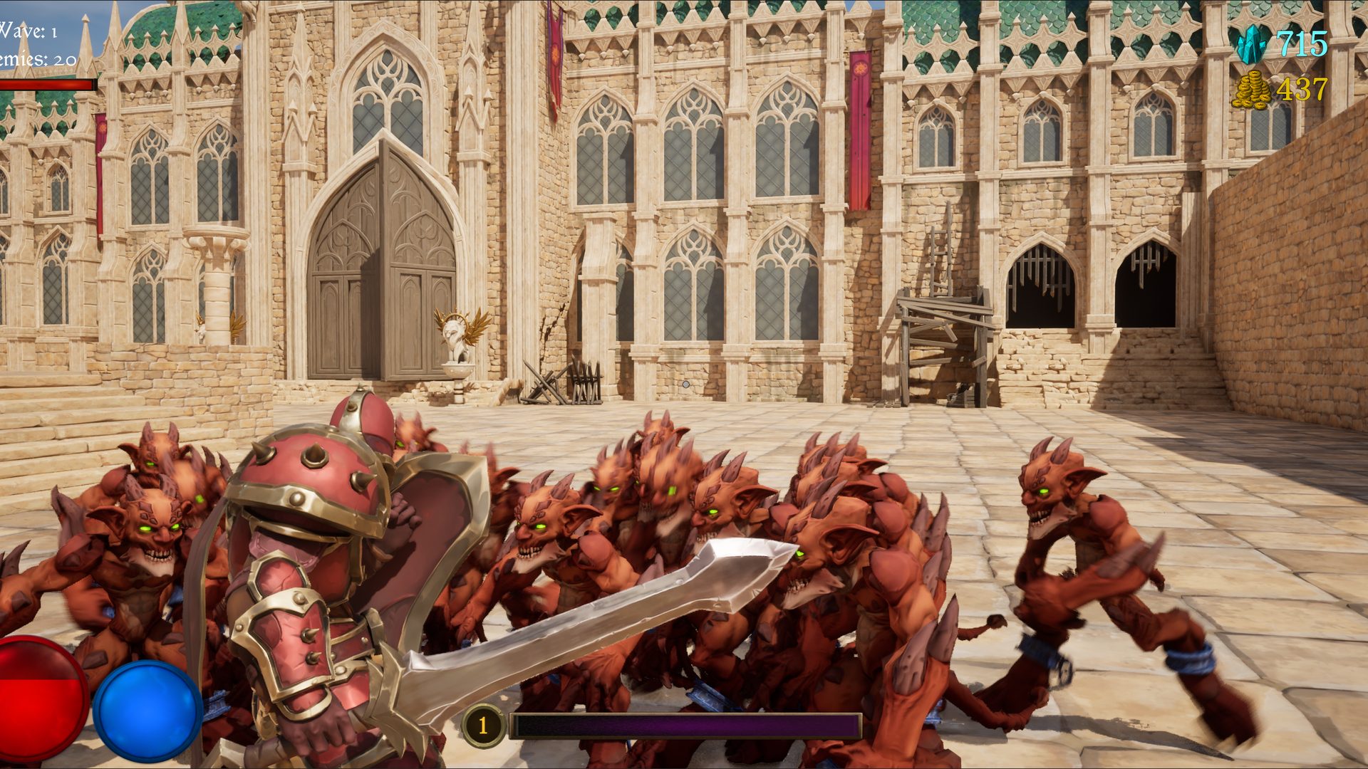 Sword-and-shield combat against a courtyard horde