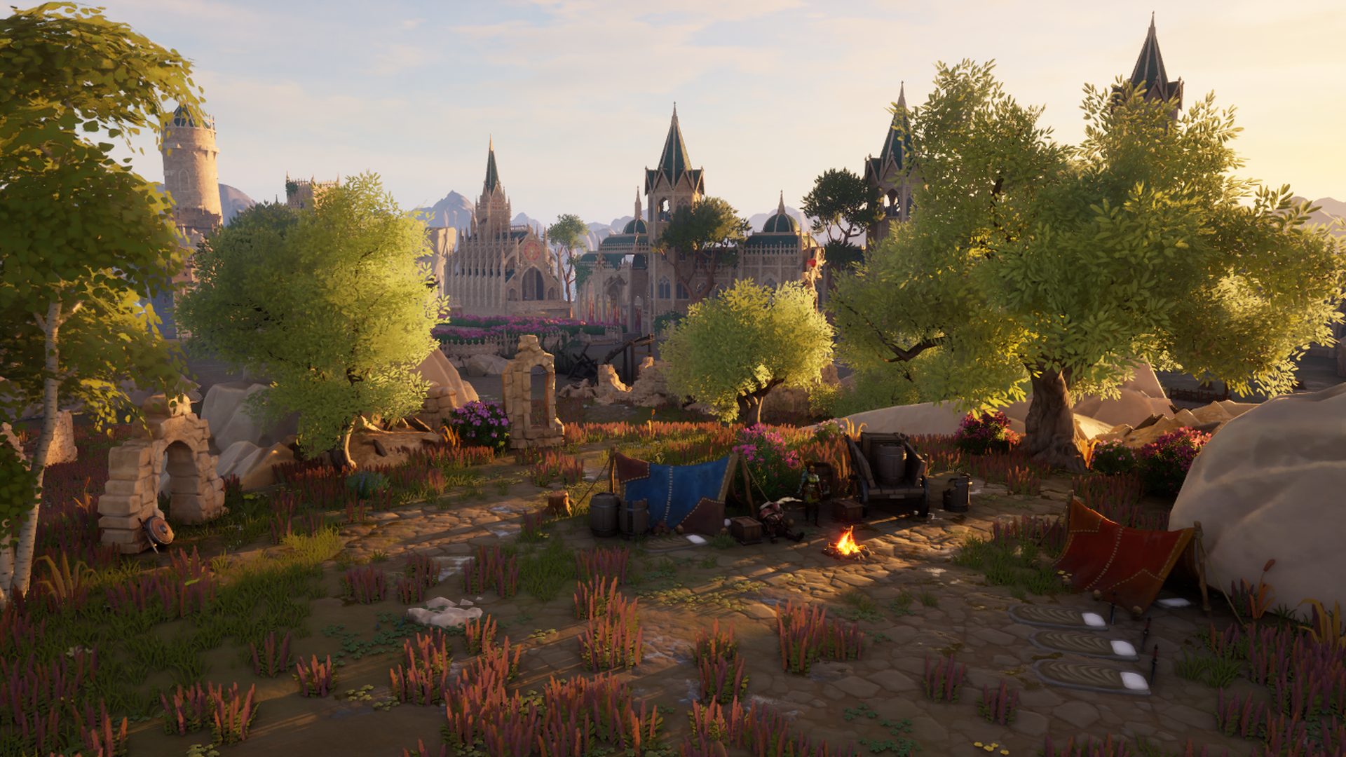 A campfire beneath the sunlit towers of the Sun Temple in Ruins of Aloryith